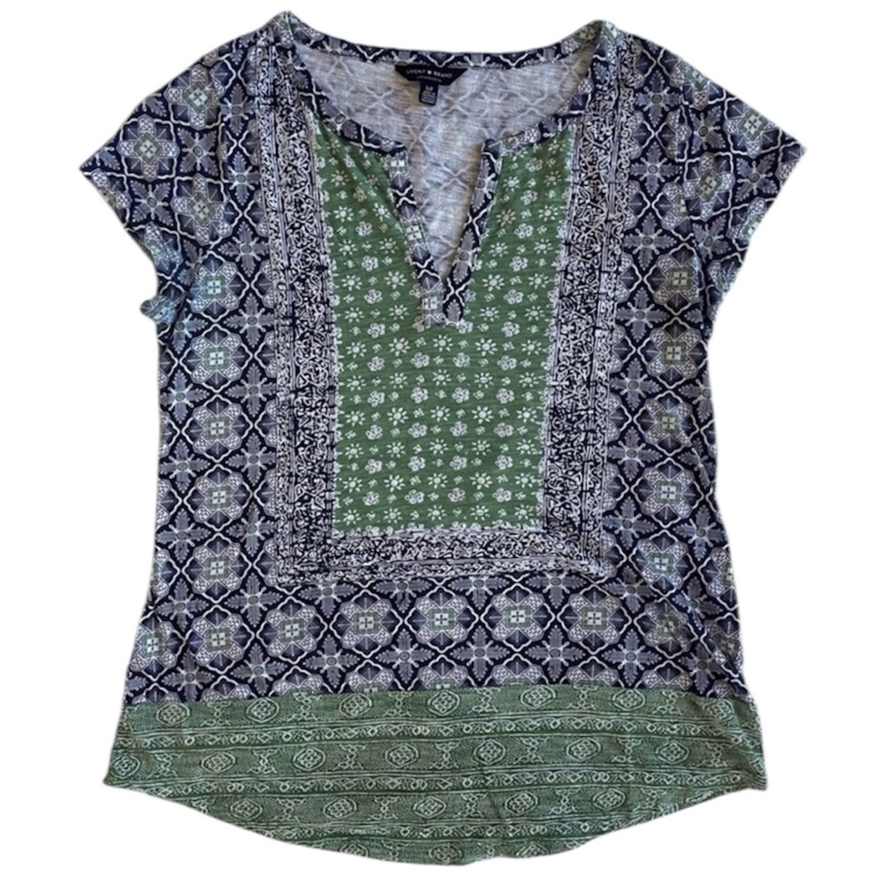 Lucky Brand Women Green blue Top Shirt Tunic S Geometric floral boho bohemian